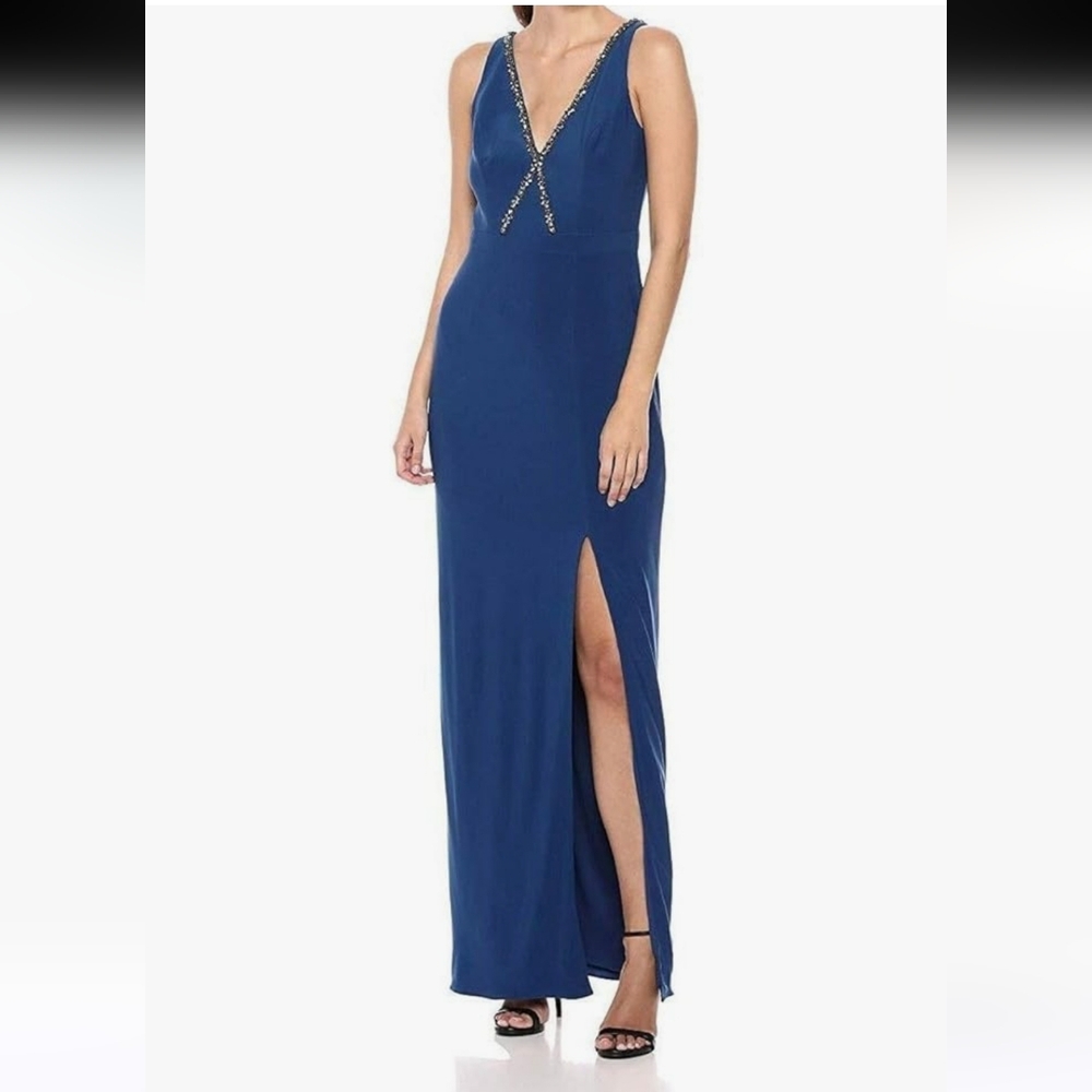 Adrianna Papell Dark Blue Evening Gown Sleeveless Maxi Bead Trim Blue Womens 10
